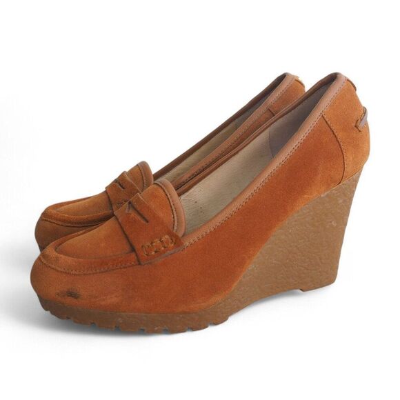 Michael Kors Rory Suede Wedge Penny Loafers Walnut Brown PW14E Women's 7M - Picture 2 of 12